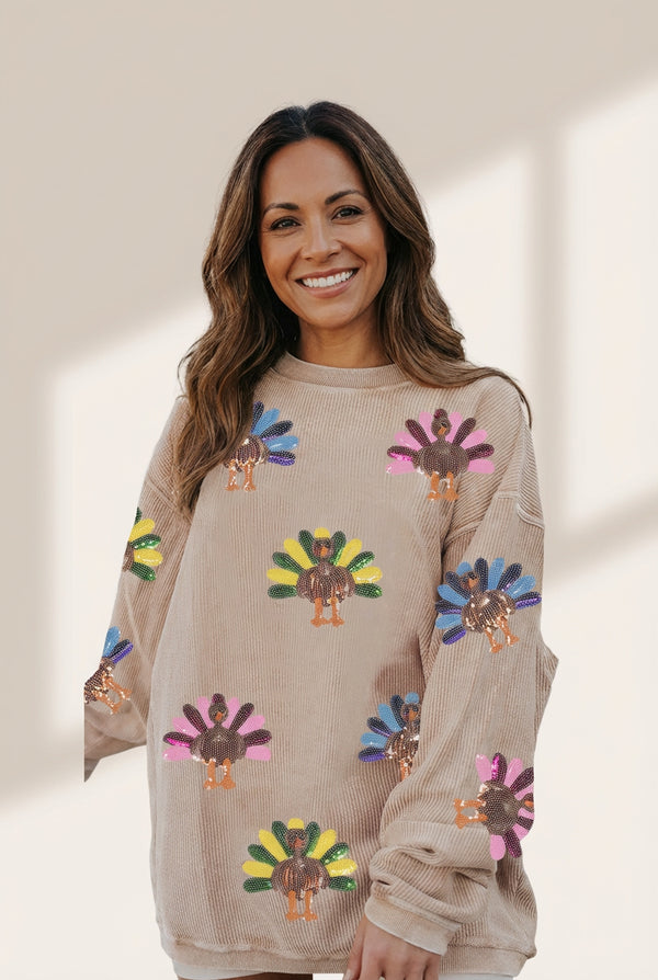 Oversized Apricot Corduroy Turkey Graphic Sweatshirt with practical styling and dependable silhouette control.