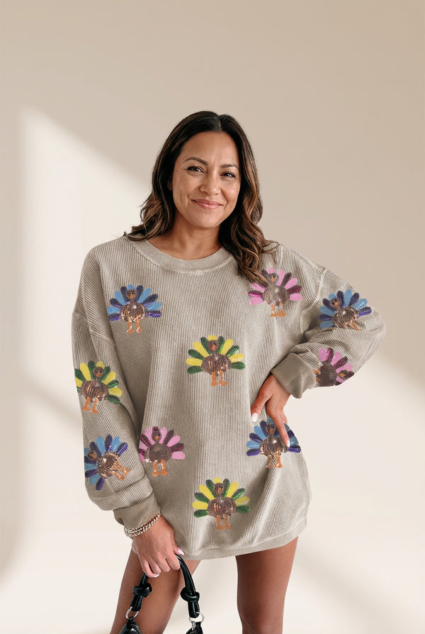 Women's Sequin Turkey Corded Oversized Sweatshirt in Smoke Gray made for easy styling and wardrobe coordination, with premium-like structure and