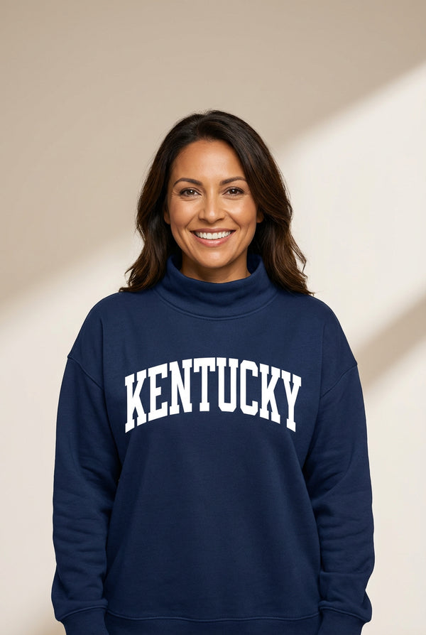 Dark Blue KENTUCKY Leopard KY Letter Print Reversible High Neck Sweatshirt