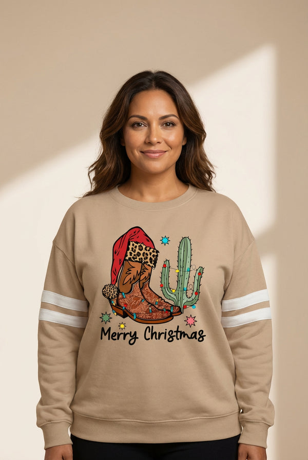 Women's Western Christmas Varsity Sweatshirt in French Beige with practical styling and dependable silhouette control.