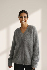 Women's Philippine Gray V-Neck Fuzzy Mohair-Blend Cardigan