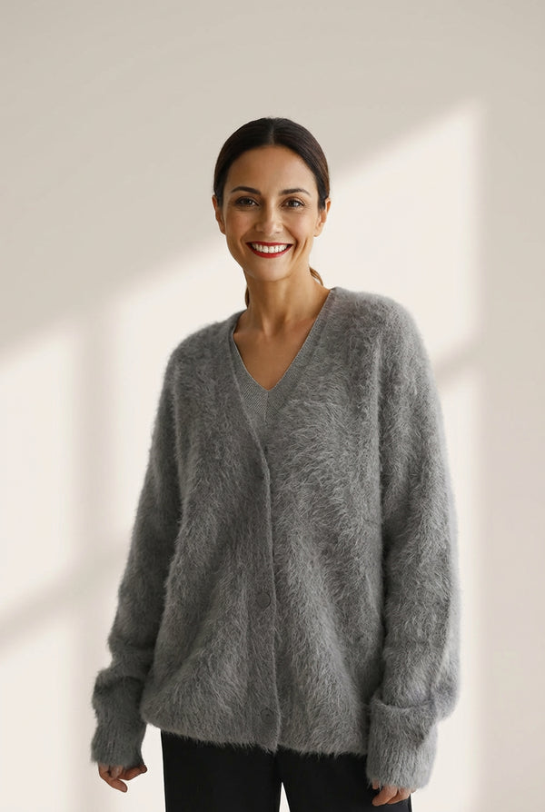Women's Philippine Gray V-Neck Fuzzy Mohair-Blend Cardigan made for easy styling and wardrobe coordination, with premium-like structure and finish.