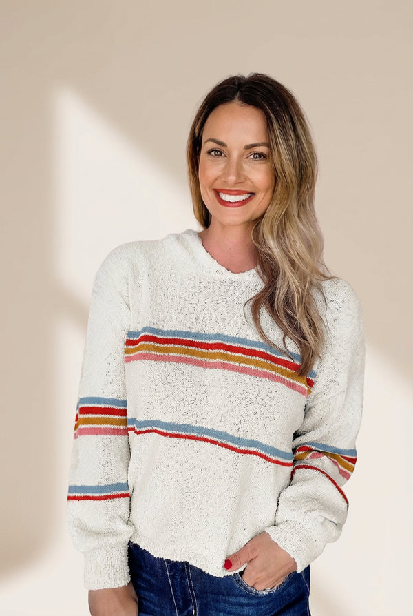 Cream Popcorn Knit Striped Hooded Sweater with practical styling and dependable silhouette control.