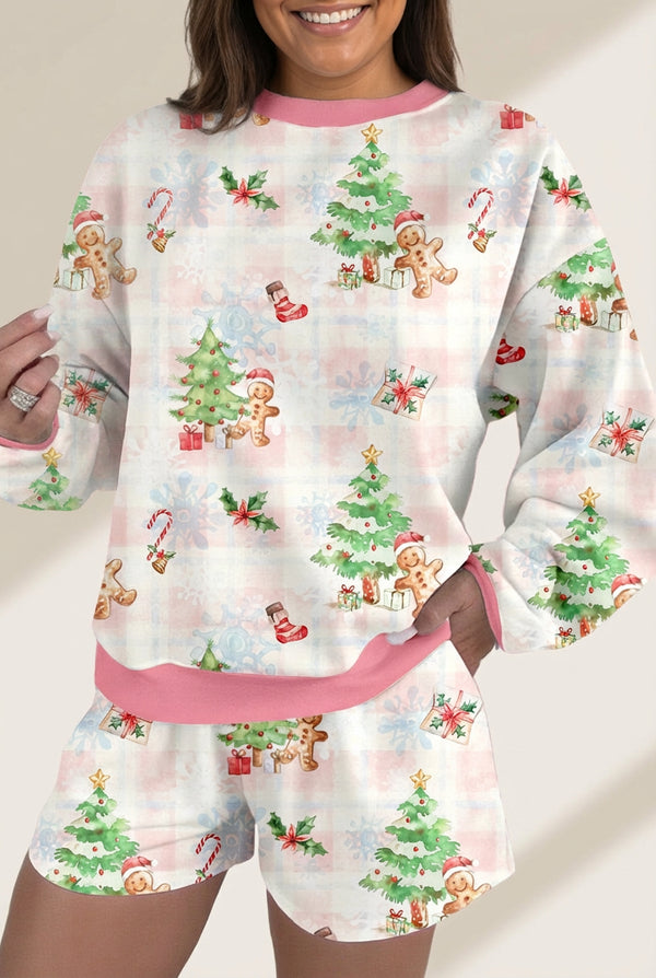 women's pink christmas gingerbread lounge set: pullover and shorts made for easy styling and wardrobe coordination, with premium-like structure and