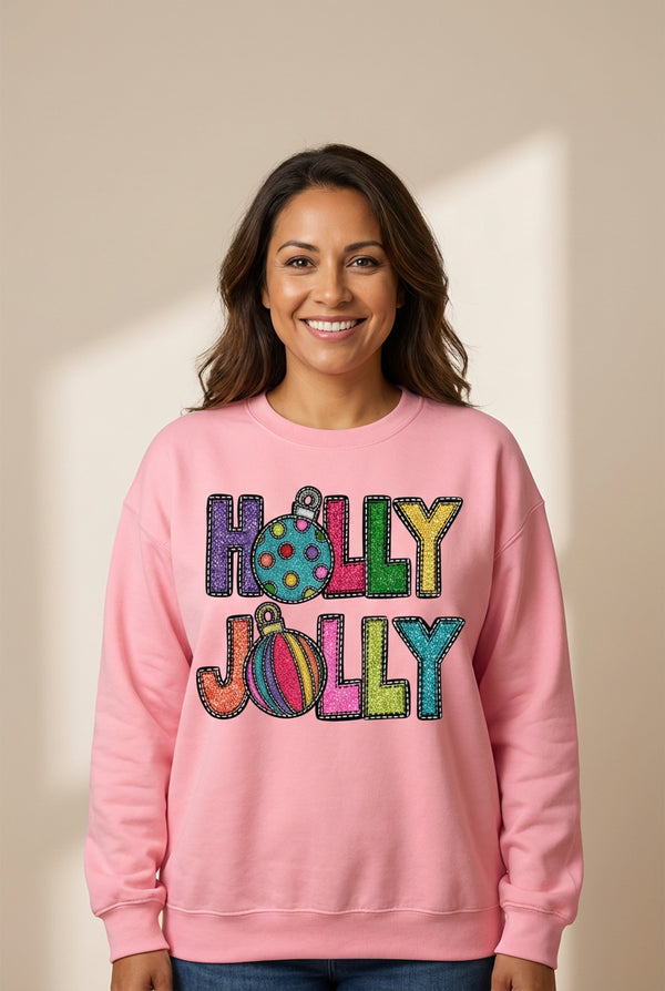 Women's Holly Jolly Pink Christmas Sweatshirt with Glitter Graphic