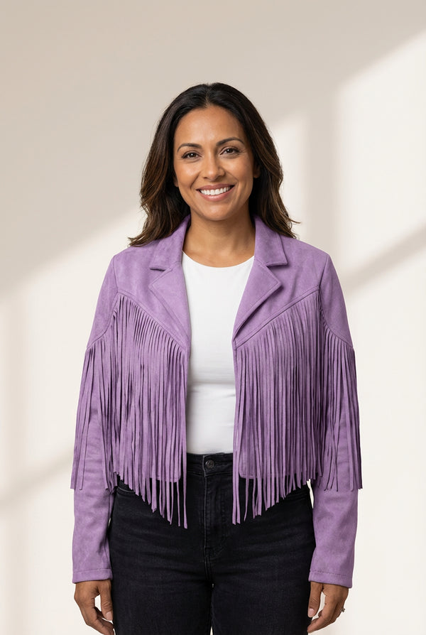 Women's Lavender Cropped Faux Suede Fringe Jacket with Lapels