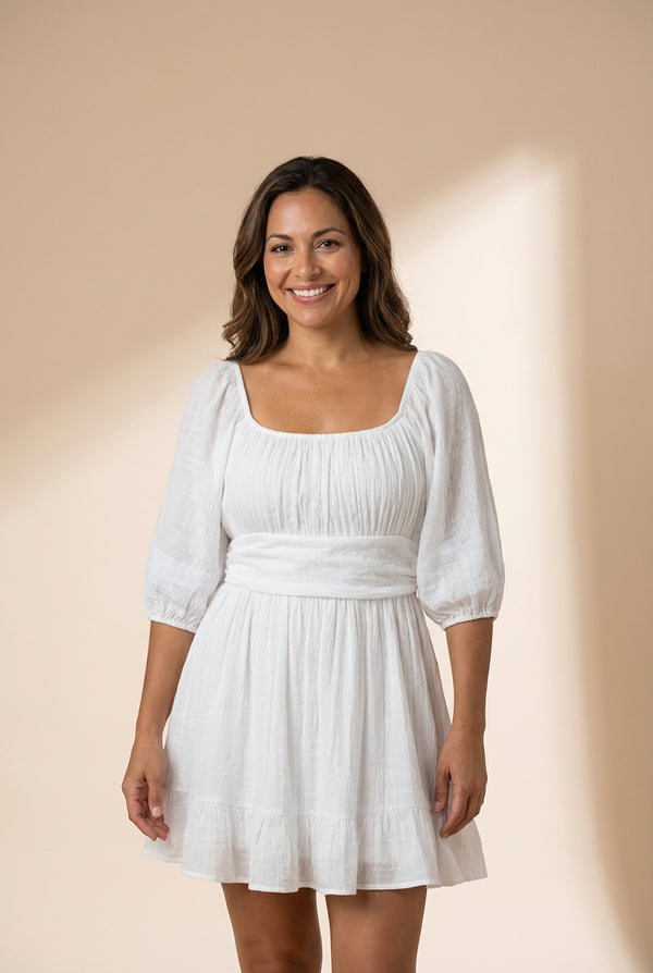 Women's Square Neck Lantern Sleeve Tie Backless Ruffle A-Line Casual Mini Dress
