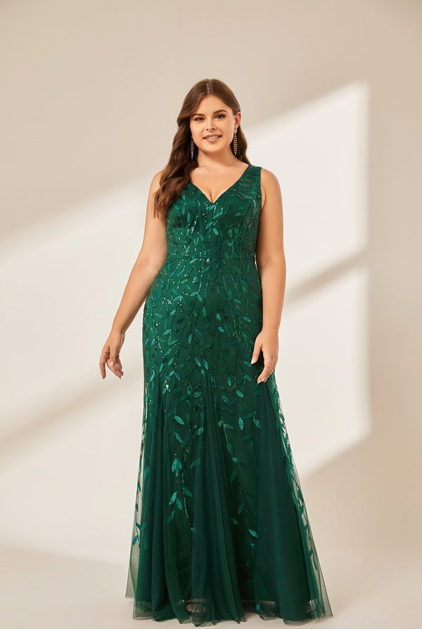 Women's Emerald Leaf Sequin Mermaid Plus Size Formal Gown