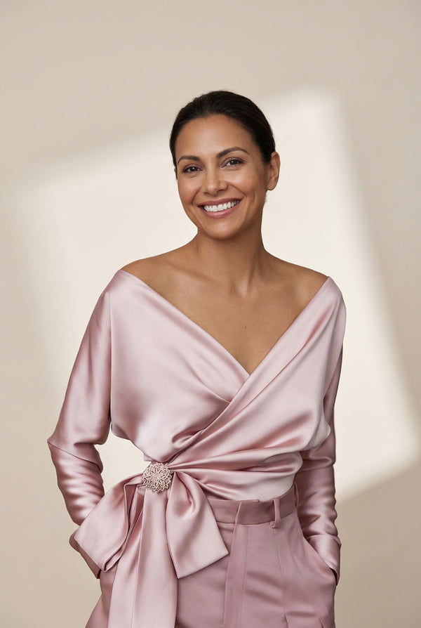 Women's Luminescent Draped Satin Wrap Top with Jeweled Bow made for easy styling and wardrobe coordination, with premium-like structure and finish.