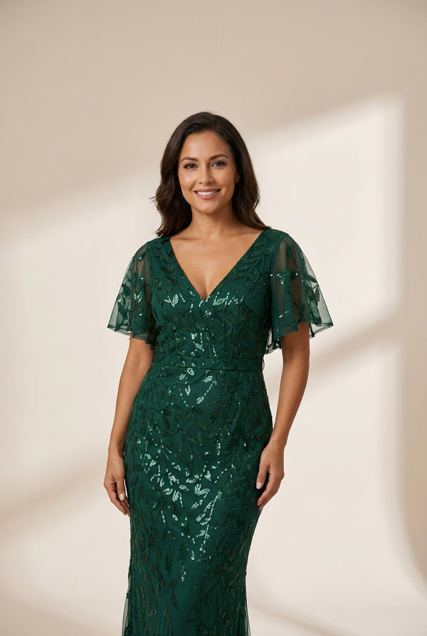 Women's Emerald Leaf-Sequined V-Neck Fishtail Evening Gown