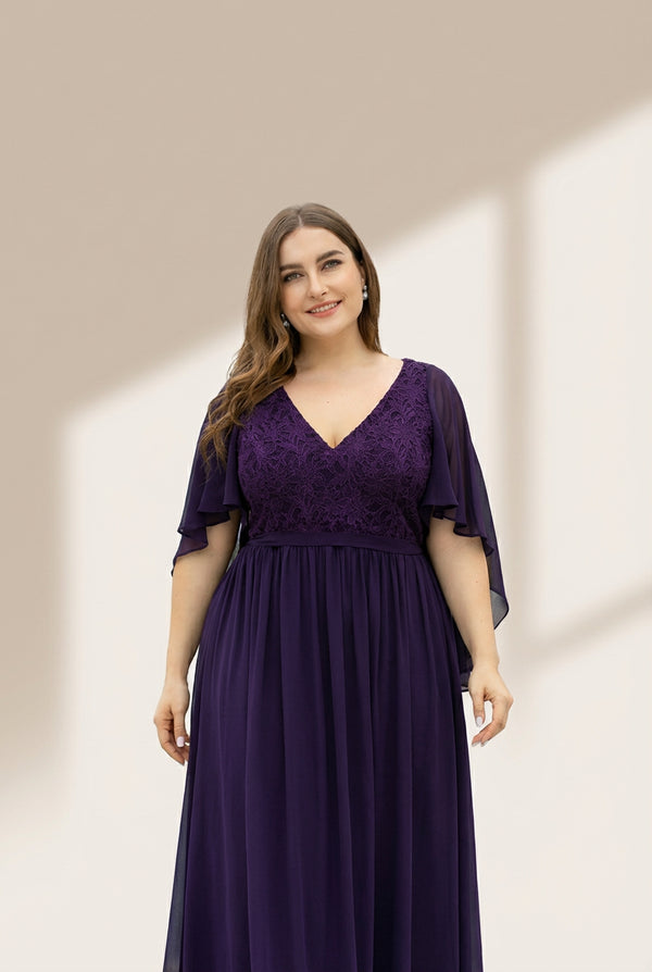 Women's Lace Accent Plus Size V-Neck Evening Dress with Belt
