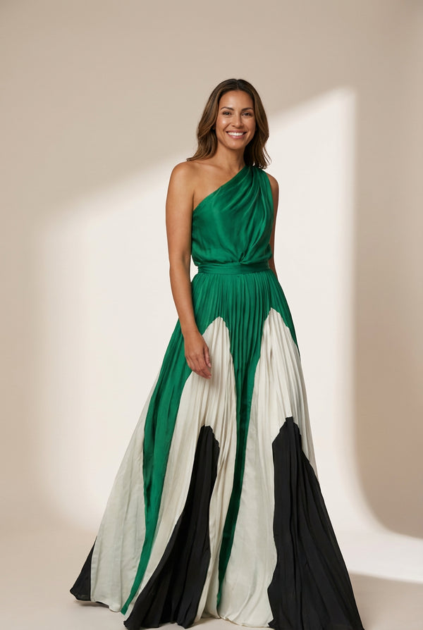 Women's Elegant One Shoulder Colorblock A Line Prom Dress
