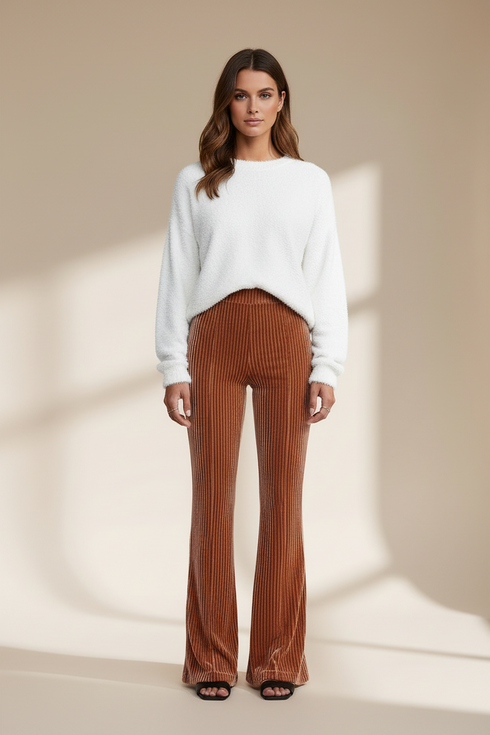 Dusty Pink Solid Color High Waist Flare Corduroy Pants
