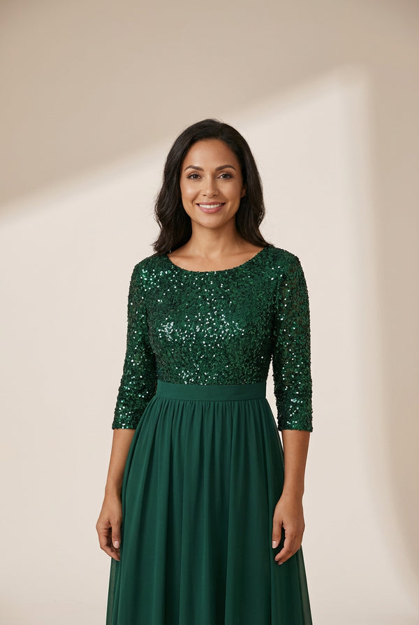 Women's Emerald Sequin Bodice A-Line Chiffon Evening Gown