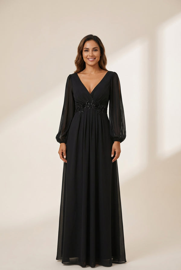 Women's Embellished V-Neck Chiffon Gown with Split Sleeves