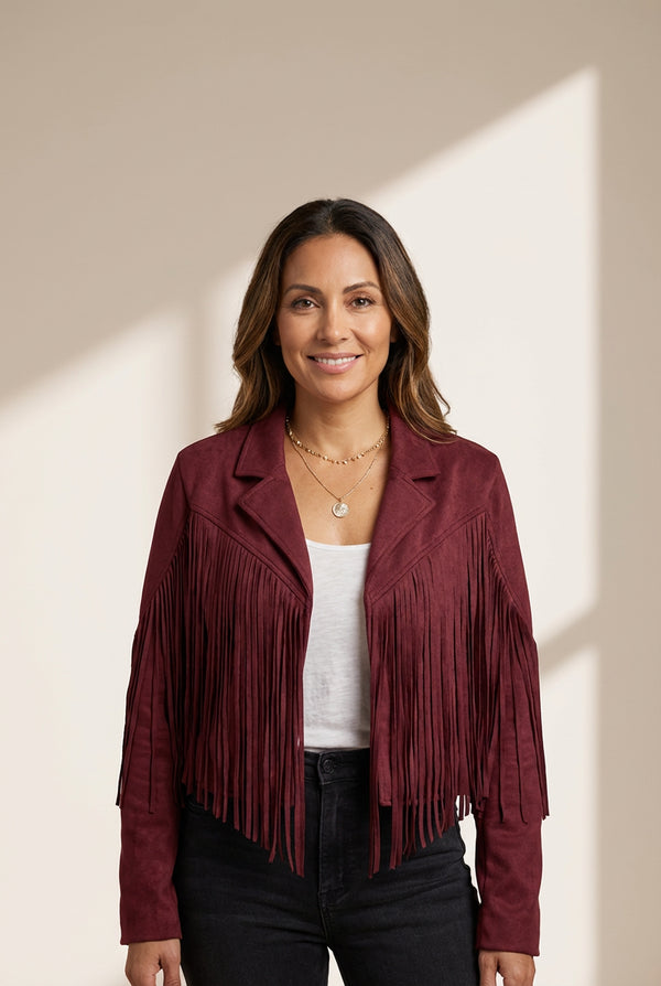 Women's Western Fringe Faux Suede Jacket with Notched Lapel