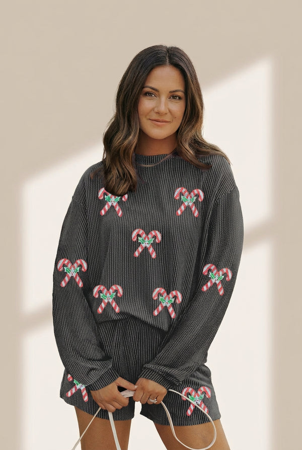 Women's Carbon Grey Candy Cane Sequin 2-Piece Pajama Set