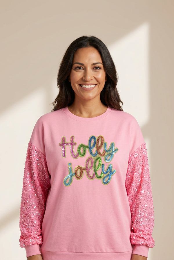 Women's Holly Jolly Pink Sequin Sleeve Holiday Sweatshirt