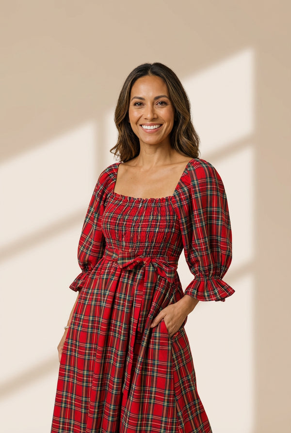 Women's Flattering Women's Red Tartan Midi Dress with Puff Sleeves, Square Neck, and Stylish Knot Waist Detail