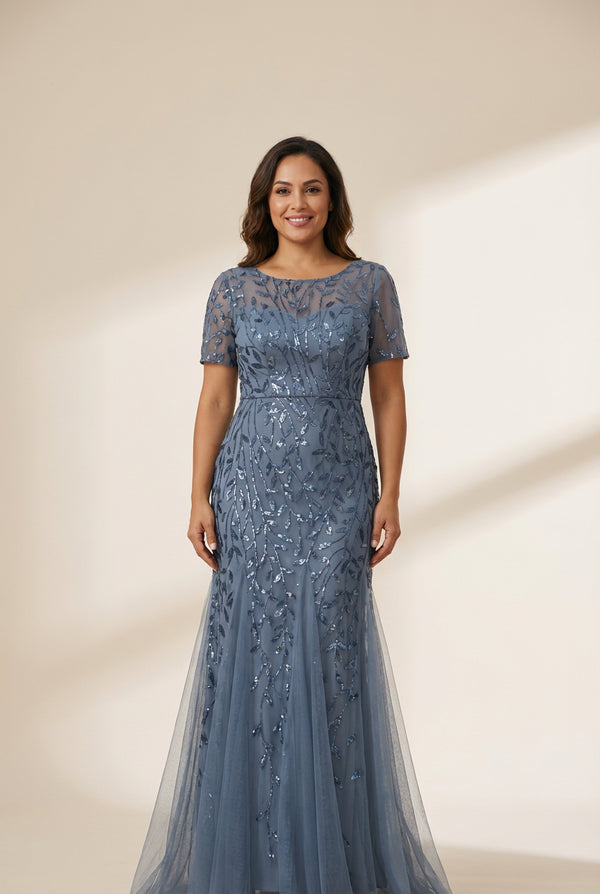 Women's Dusty Blue Floral Sequin Mermaid Tulle Evening Gown