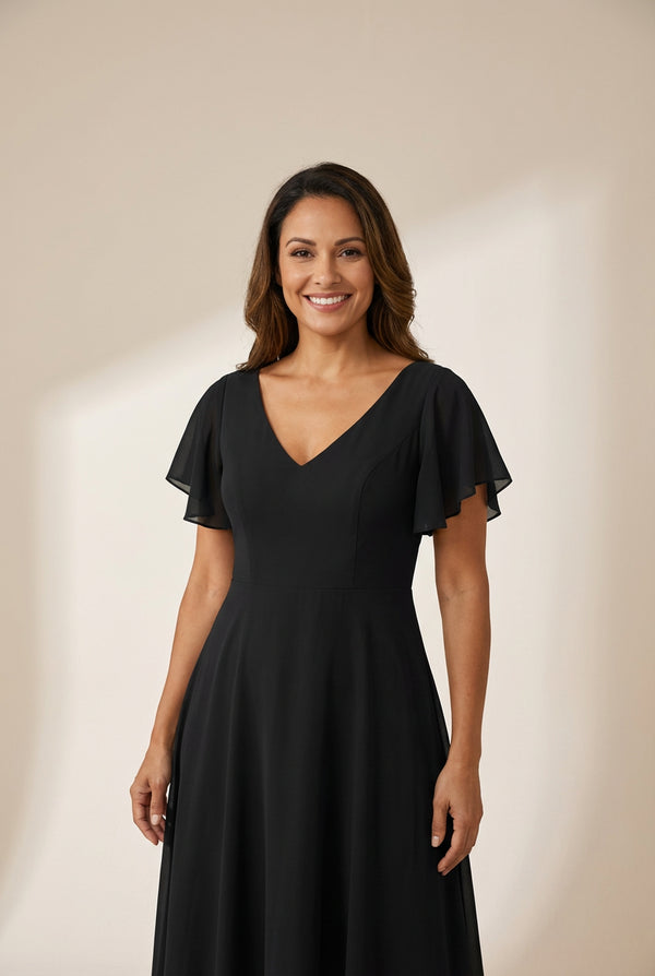 Women's Elegant Chiffon V-Neck Bridesmaid Gown with Ruffle Sleeves