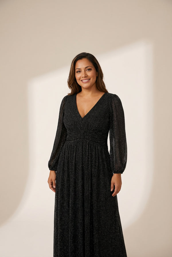 Women's Midnight Black Metallic A-Line Gown with Lantern Sleeves