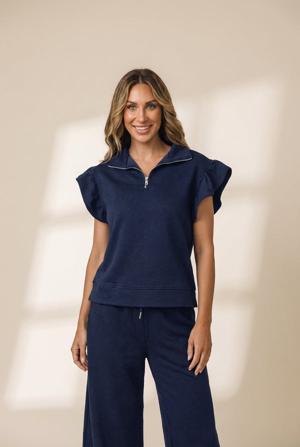 Women's Half-Zip Ruffle Top and Wide Leg Pant Set