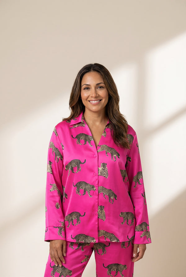 Women's Hot Pink Cheetah Print Satin Pajama Lounge Set