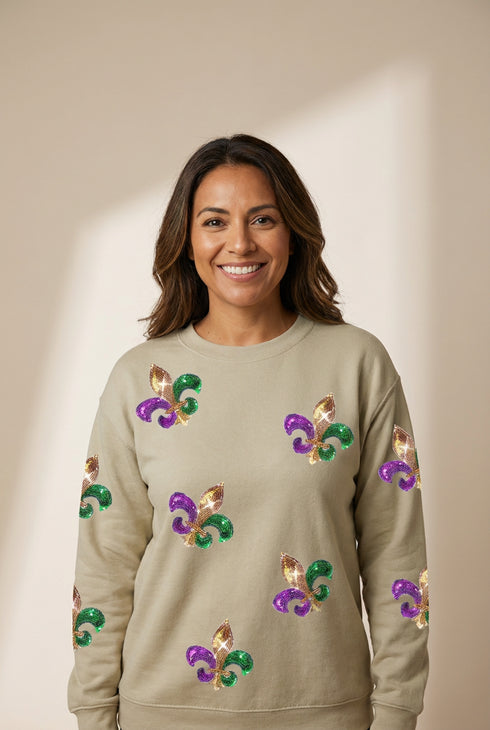 Shimmering Khaki Mardi Gras Sequin Graphic Crewneck Sweater