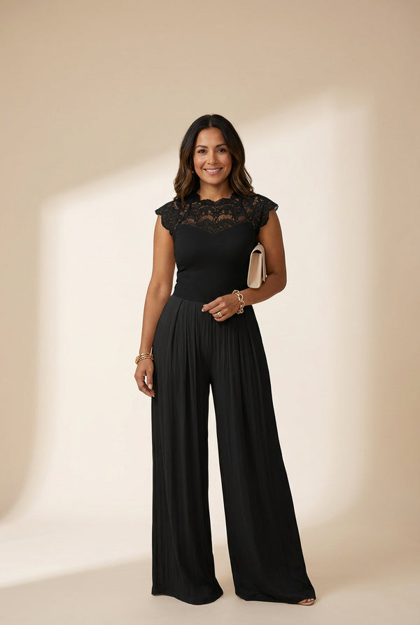 Lace-Panel Round Neck Wide-Leg Jumpsuit with practical styling and dependable silhouette control.