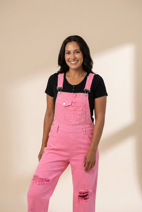 Women's Stylish Pink Ripped Long Overalls with High-Waisted Wide Leg Pants