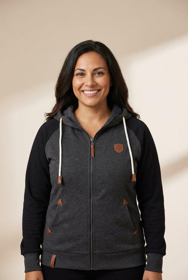 Women's Colorblock Raglan Zip-Up Hoodie with Vegan Leather Accents