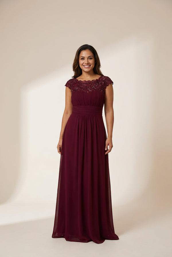 Women's Maxi Lace Cap Sleeve Long Formal Evening Dress