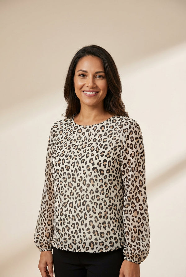 Women's Ivory Leopard Print Chiffon Blouse with Bishop Sleeves