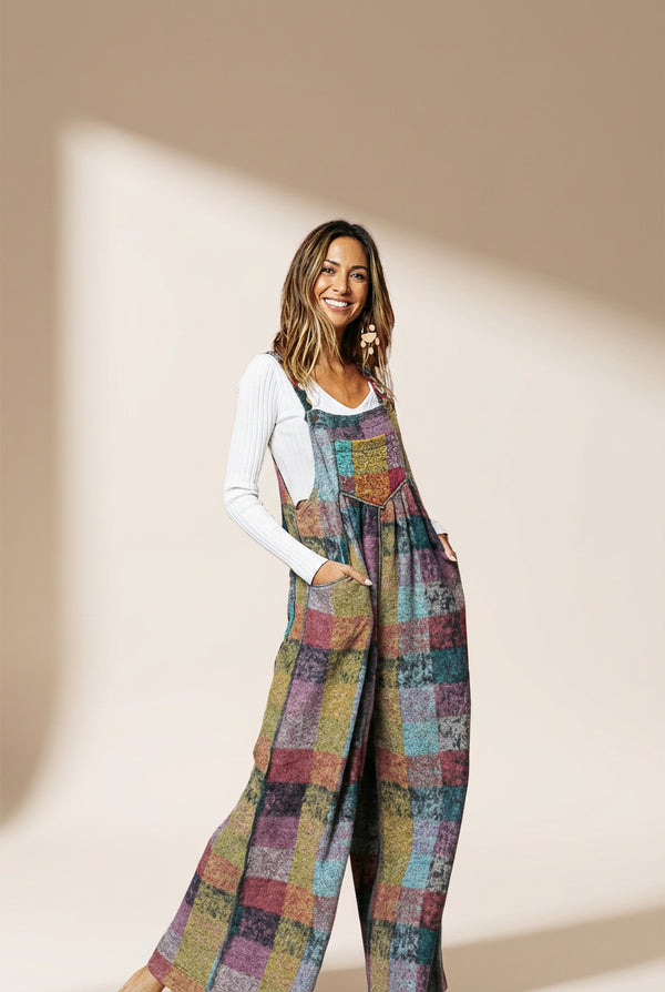 Women's Boho Chic Multicolor Checkered Wide Leg Jumpsuit