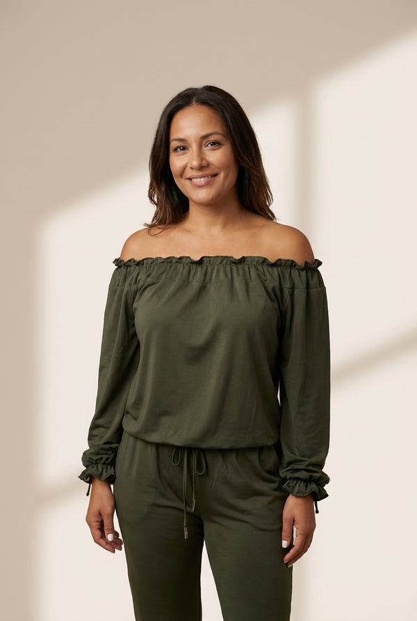 Elegant Off-shoulder Long Sleeve Jumpsuit with Drawstring Frill Hem with practical styling and dependable silhouette control.
