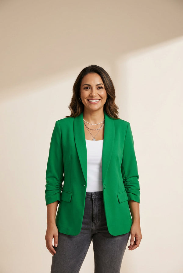 Kelly Green 3/4 Ruched Sleeve Tailored Office Blazer