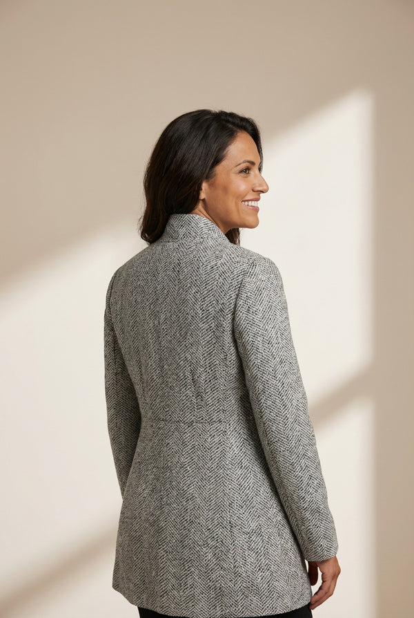 Women's Herringbone Tailored Open Front Blazer with Dual Pockets