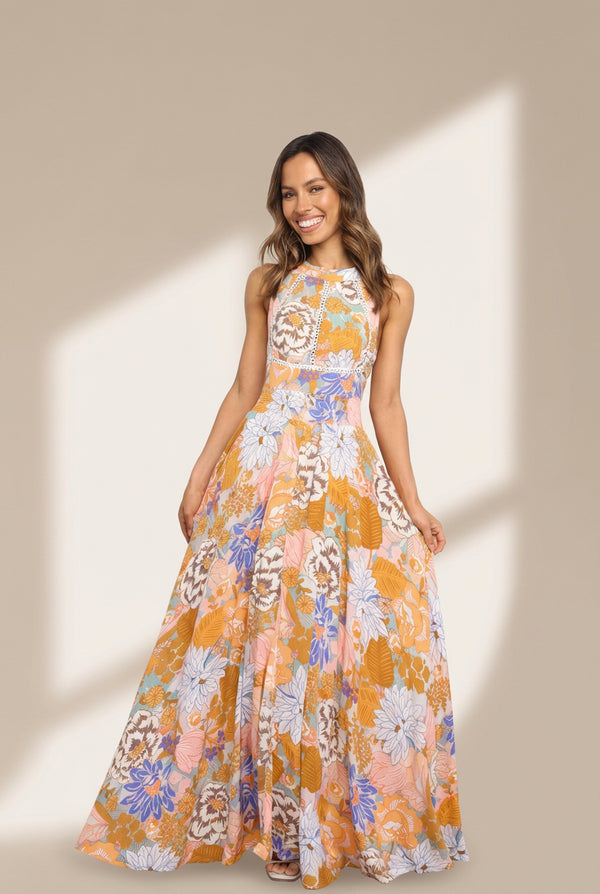 Women's Bohemian Orange Floral Maxi Dress with Backless Detail