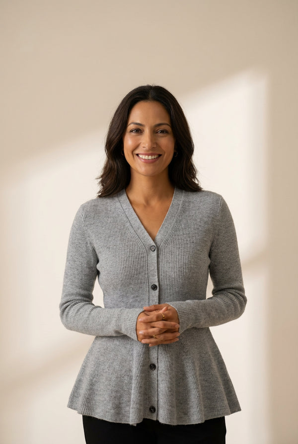 Women's Ribbed Knit V-Neck Peplum Cardigan with Button Front