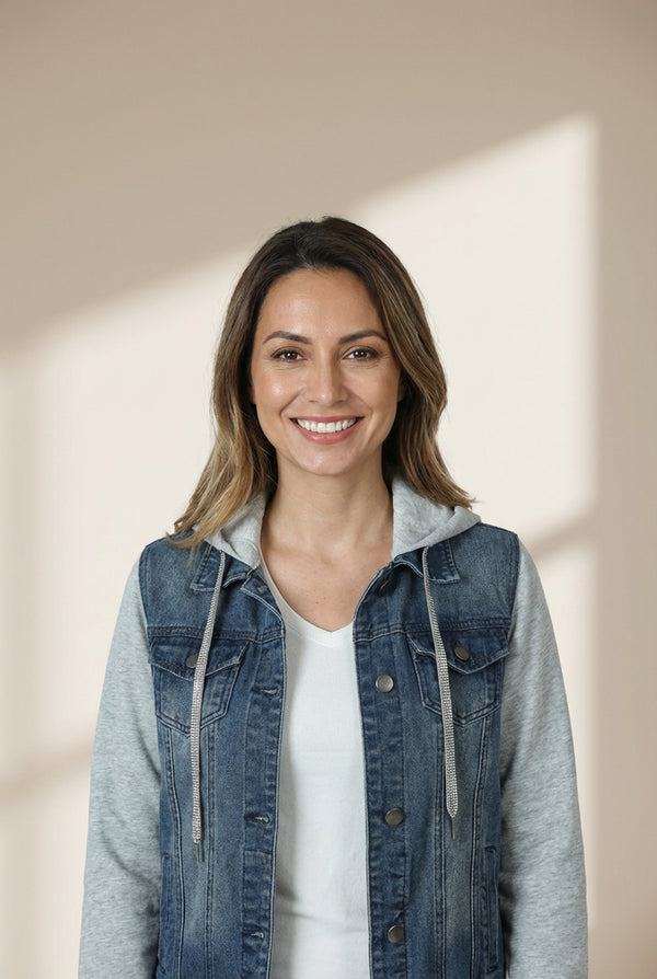 Women's Mixed-Media Hooded Denim Jacket with Rhinestone Drawstrings