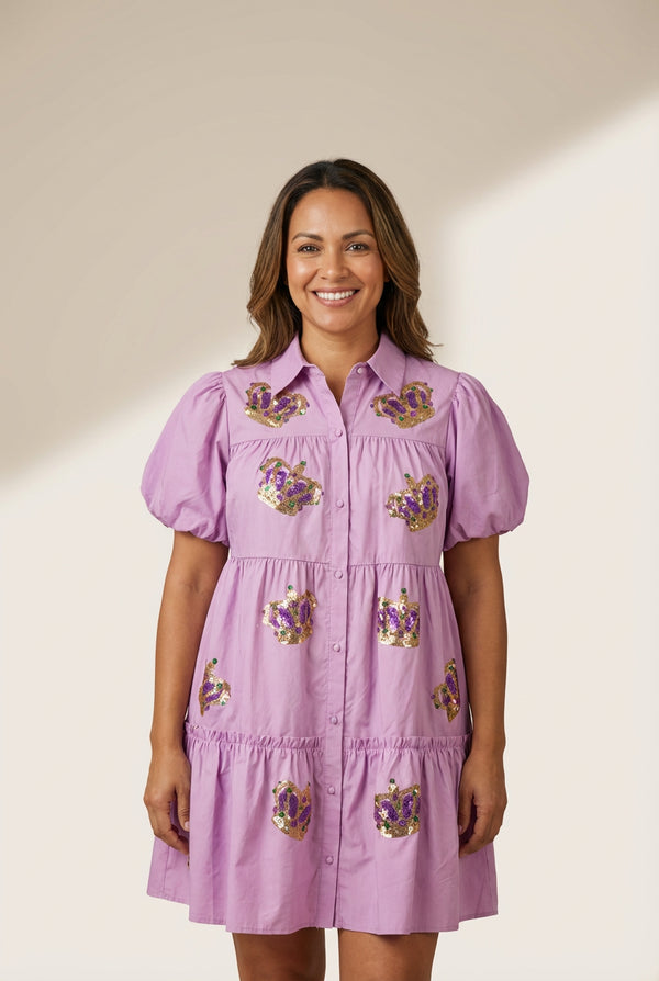 Women's Mardi Gras Crown Sequin Tiered Bubble Sleeve Shirt Dress
