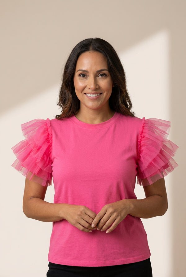 Women's Pink Tulle Ruffle Sleeve Cotton Top in Jeans