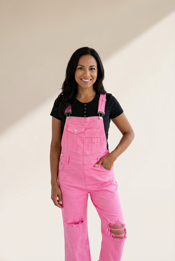 Women's Distressed Pink Denim Overall with Wide Leg