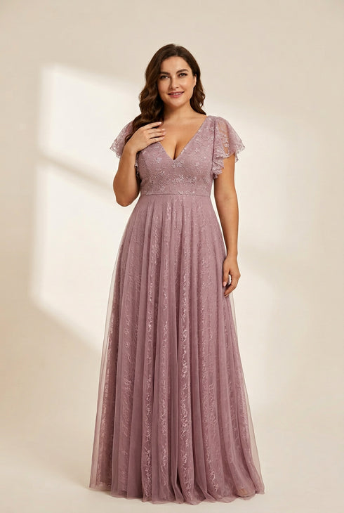 Women's Elegant Lace Evening Dress with Double V Neck and Ruffle Sleeves