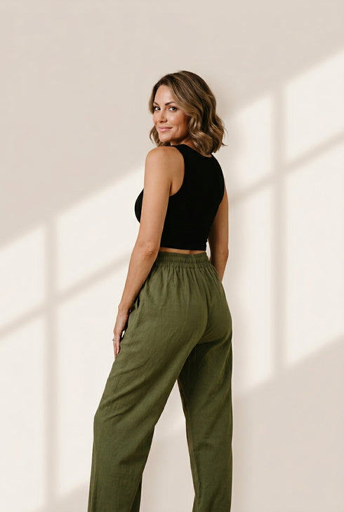 Women's Elastic Waist Linen Pants with Pockets
