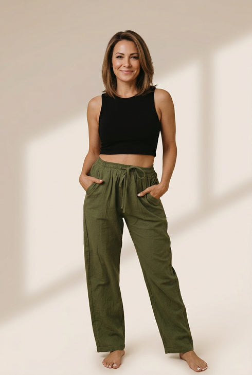 Women's Elastic Waist Linen Pants with Pockets