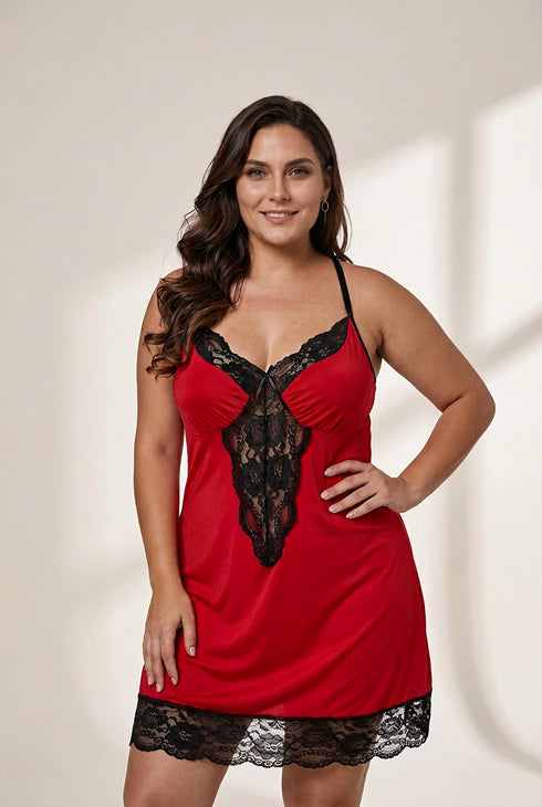 Women's Plus Size Lace-Trim Chemise in Crimson Red made for easy styling and wardrobe coordination, with premium-like structure and finish.