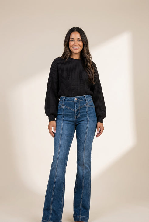 Women's Seamed Flare Denim Pants in Pants & Culotte