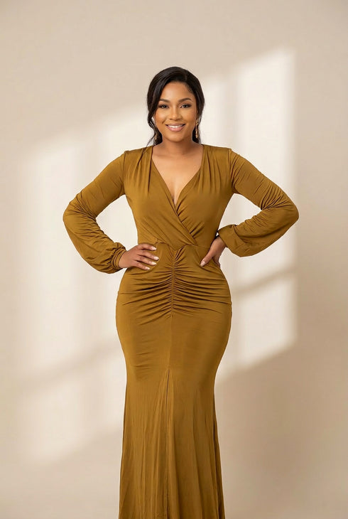 Solid Long Sleeve Slim Fit Maxi Dress